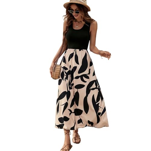 XFSRG Ärmellos Kleid Damen Rundhalsausschnitt Blumen Maxikleid Sommer Rüschen Langes Freizeitkleid Strandkleid(Beige/S) von XFSRG