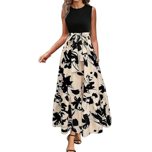XFSRG Ärmellos Kleid Damen Rundhalsausschnitt Midi A Linie Blumenkleid Knielange Sommer Leichte Kleider Freizeitkleid Strandkleid(Schwarz/S) von XFSRG