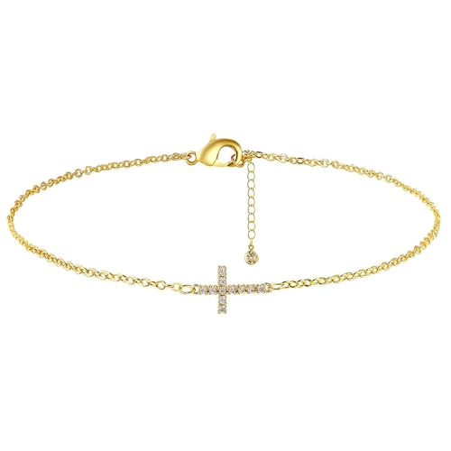 XFSRG Armbänder Kreuz mit Zirkonia 18K Gold Verstellbar Bettelarmband Geburtstag Armband Schmuck Geschenke für Damen Mädchen Freundinnen Ehefrau (Gold1) von XFSRG