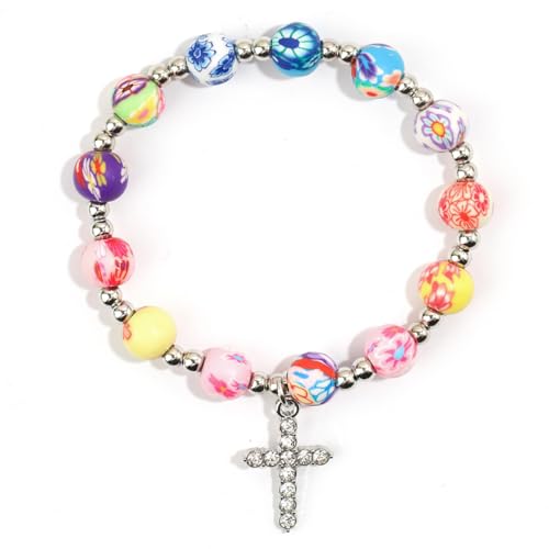 XFSRG Armband Damen Bunte Perlen Kreuz Anhänger Funkelnde Zirkonia Armbänder Retro Eleganz Modeschmuck von XFSRG
