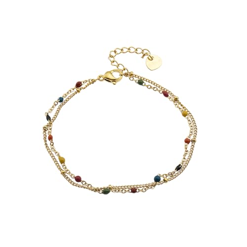XFSRG Armband Damen Charm Armband Buntes Perlenarmband Doppelt Galvanisiert 14K Gold Bohème Segeltau Verstellbares Edelstahl Exquisiter Damenschmuck (Goldene 1) von XFSRG