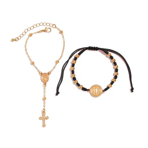 XFSRG Armband Damen Gold Kreuz Anhänger Set Charm Armband Freundschaftsarmbänder Elegantes Design für Frauen(Schwarz) von XFSRG