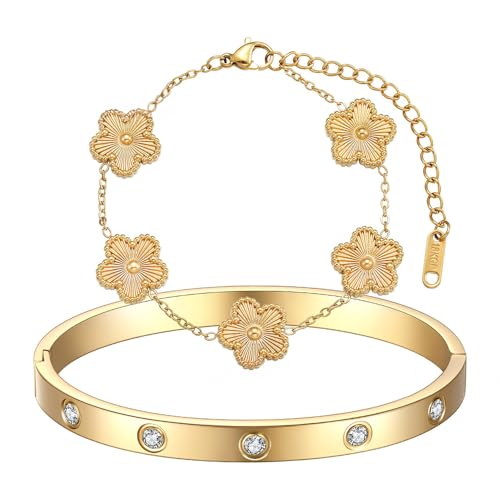 XFSRG 2 Pcs Armband Damen Set - Edelstahl Ketten Armbänder Stapelarmbänder Edelstahl Zirkonia für Alltag und besondere Anlässe von XFSRG