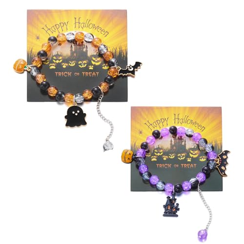 XFSRG 2 Stück Halloween Armband Damen Hängern Perlen Armbänder Elastisch Stapelbare Fledermaus Kürbissen Halloween Armbänder Fledermäusen Armband für Karneval Partys Erwachsene Cosplay von XFSRG