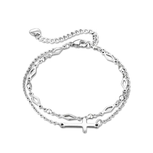XFSRG Armband Damen Mehrreihig Kreuz Design Bracelet Edelstahl Kettenglieder Armbänder Verstellbar Schmuckarmband Doppelkette Armkette Modeschmuck von XFSRG