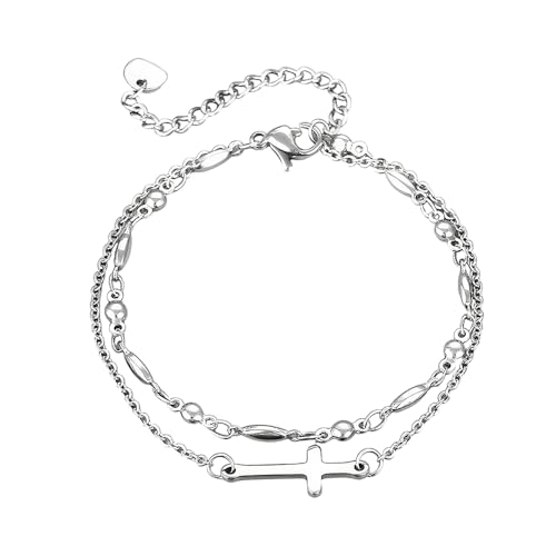 XFSRG Armband Damen Mehrreihig Kreuz Design Bracelet Edelstahl Kettenglieder Armbänder Verstellbar Schmuckarmband Doppelkette Armkette Modeschmuck von XFSRG