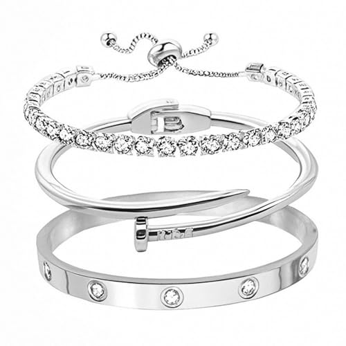 XFSRG Armband Damen Set Elegante Armbänder mit Strasssteinen Charm Armband für Frauen Modisches Schmuckset für Alltag und besondere Anlässe(Silber) von XFSRG
