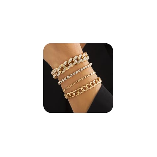 XFSRG Armband Damen Set Goldene Armreif Mit Strass Eleganter Schmuck Für Frauen Modische Armbänder Für Alltag Und Besondere Anlässe (Gold) von XFSRG
