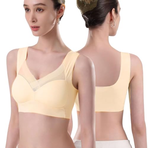 XFSRG BH Damen Mit Bügel Push Up Soft BH V Ausschnitt Weicher Bustier Komfortabel Gepolstert Bralette Seamless Bra(Hellgelb-L) von XFSRG