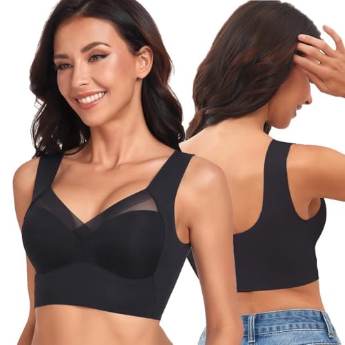 XFSRG BH Damen Mit Bügel Push Up Soft BH V Ausschnitt Weicher Bustier Komfortabel Gepolstert Bralette T Shirts Seamless Bra(Schwarz-XXL) von XFSRG