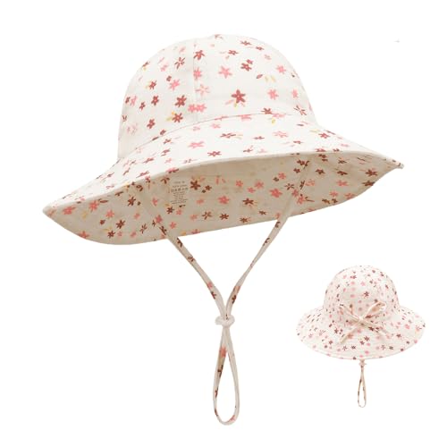 XFSRG Baby Sonnenhut Kleinkind Sonnenhut Baumwolle Bucket Kinder UPF 50+ Einstellbare Sommerhut Mädchen Blumendruck Sonnenschutz Breite Krempe Fischerhut Kinder Strandhut UV Schutz Sommerhut von XFSRG