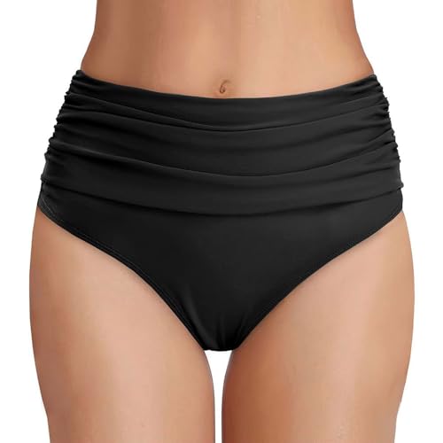 XFSRG Bikini Damen Ruched Bauchweg Bikinihose Badeshorts High Waist Klassisch Bequemer Schwimmshorts Bikini Slip für Strand Schwimmbad(Schwarz/XL) von XFSRG