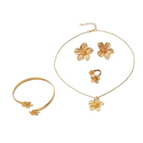 XFSRG Blumen Schmuck Set 6 Teilig mit Halskette Armreif Ring und Ohrringen Eleganter Goldfarbener Schmuck für Alltag und Besondere Anlässe (Gold A) von XFSRG