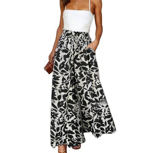 XFSRG Blumen Sommerhose Damen Leicht Lang High Waist Baggy Hosen Sommer Elegant Elastisch Freizeithose mit Taschen(Schwarz/L) von XFSRG
