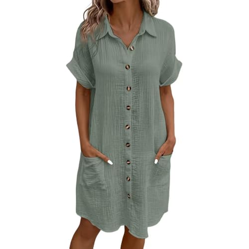XFSRG Blusenkleid Damen Musselin Leinen Kurzarm Leicht und Luftig Sommer Freizeitkleid mit Taschen Knopfleiste Strandkleid Hemdkleid(Grün/M) von XFSRG