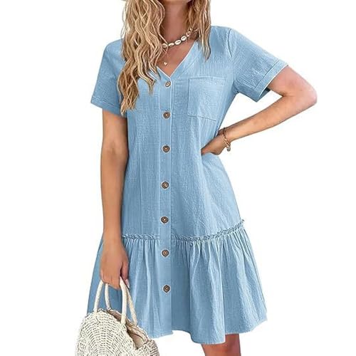 XFSRG Blusenkleid Damen V Ausschnitt Musselin Leinen Kurzarm Casual Rüschenumschlag Sommerkleid mit Taschen Knopfleiste Strandkleid(Blau/S) von XFSRG
