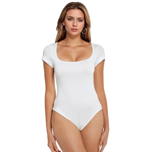 XFSRG Body Damen Kurzarm Bodysuit Square Neck Bodys Oberteil Elegant Tanga Unterziehbody Kurzarmbody Shapewear Blusenbody Weißer Bodysuit für Alltag Büro Party von XFSRG