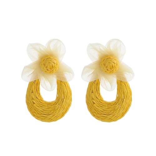 XFSRG Boho Blumen Ohrringe aus Gewebtem Raffia Leichte Handgefertigte Sommer Ohrringe mit Transparenten Netzblüten Natürliche Raffia Ohrhänger für Damen (Gelb) von XFSRG