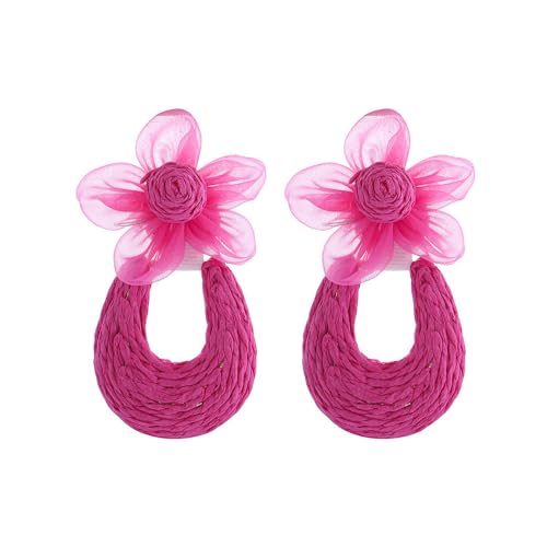 XFSRG Boho Blumen Ohrringe aus Gewebtem Raffia Leichte Handgefertigte Sommer Ohrringe mit Transparenten Netzblüten Natürliche Raffia Ohrhänger für Damen (Rosenrot) von XFSRG