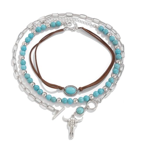 XFSRG Boho Halskette Set Damen Mehrlagig Türkis Ketten mit Anhänger im Vintage Stil Verstellbare Länge Mehrreihige Statement Kette für Festival Urlaub und Alltag (Grün-2) von XFSRG