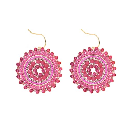XFSRG Boho Perlen Ohrringe Handgewebt im Ethno Stil Rundes Design 5 cm Lang Federleicht Kombinierbar zu Jeans und Kleidern für Damen und Alltag (Rosenrot) von XFSRG