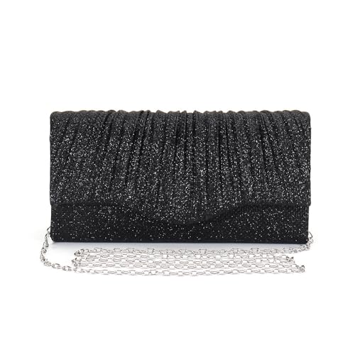 XFSRG Clutch Damen Glitzer Envelope Elegant Kettentasche Handtasche Abendtasche mit Abnehmbarer Kette für Hochzeit Party Cocktail(Schwarz) von XFSRG