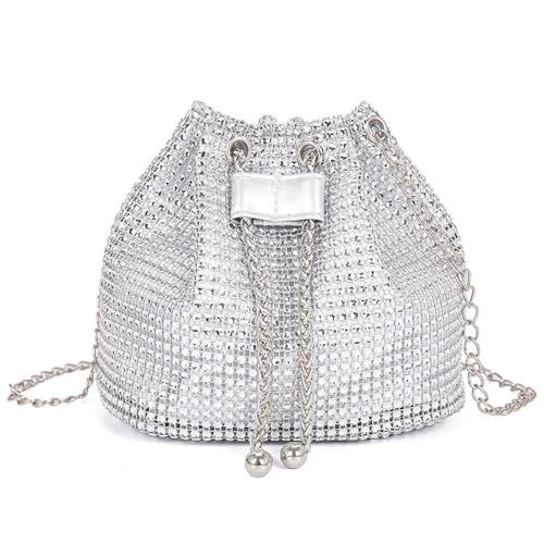 XFSRG Clutch Damen Glitzer Pailletten Strassstein Klein Elegant Abendtasche Handtasche mit Kette für Prom Hochzeit Party Bankett(Silber) von XFSRG
