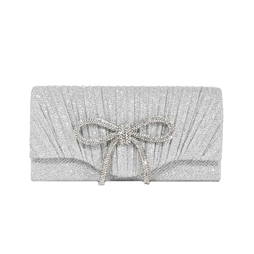 XFSRG Clutch Damen Schleife Glitzer Elegant Abendtasche Envelope Handtasche mit Kette für Hochzeit Party Freizeit Bankett(Silber) von XFSRG