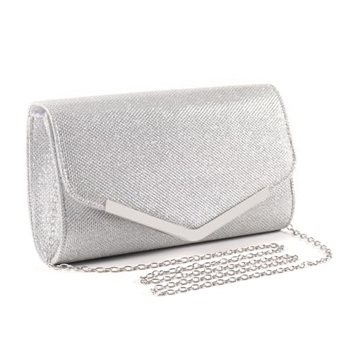 XFSRG Clutch Damen Tasche Glitzer Elegant Umschlagtasche Brauttasche Abendtasche mit Abnehmbarer Kette für Hochzeit Party Bankett Feiertage(Silber) von XFSRG