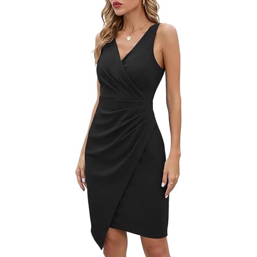 XFSRG Cocktailkleid Damen Kurz V-Ausschnitt Vintage Elegant Kleid Asymmetrisch Bodycon Summer Ärmellos Bleistiftkleid Partykleid Dress for Wedding Guest Festliches (Schwarz M) von XFSRG