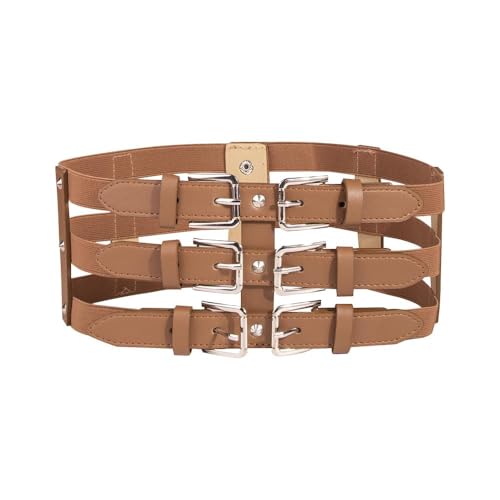 XFSRG Damen Gürtel Breiter Elastischer PU Leder Ausgeschnittene Nieten Einstellbar mit Schnalle Vintage Hüftgürtel Taillengürtel Korsett Gürtel für Frauen kleider Elastic Belt（Braun） von XFSRG