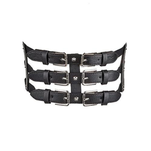 XFSRG Damen Gürtel Breiter Elastischer PU Leder Ausgeschnittene Nieten Einstellbar mit Schnalle Vintage Hüftgürtel Taillengürtel Korsett Gürtel für Frauen kleider Elastic Belt（Schwarz） von XFSRG