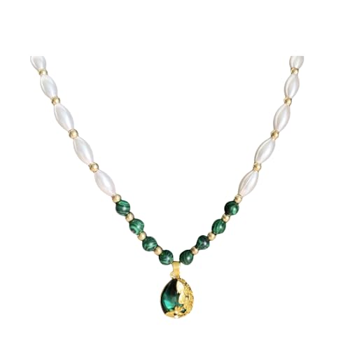 XFSRG Damen Kette mit Perlen und Malachit Anhänger Elegante Halskette aus Gold und Silber Modeschmuck für Frauen Perfekt als Geschenk XFSRG Damen Kette mit Perlen und Malachit Anhänger Elegante Halskette aus Gold und Silber Modeschmuck für Frauen Perfekt als Geschenk von XFSRG