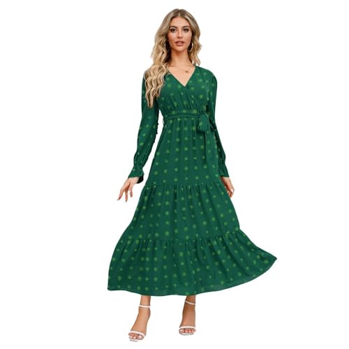 XFSRG Damen Kleid Langarm V-Ausschnitt Swiss Dot Laternenärmel Plissee Saum Elegant Swing Boho Cocktailkleid A-Linie Casual Partykleid Maxikleid Hohe Taille Festlich Party (Grün M) von XFSRG
