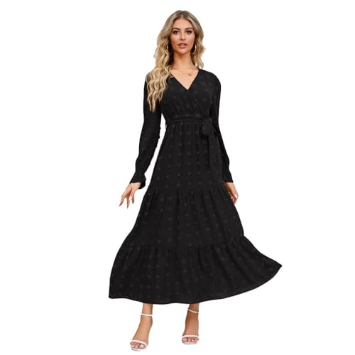 XFSRG Damen Kleid Langarm V-Ausschnitt Swiss Dot Laternenärmel Plissee Saum Elegant Swing Boho Cocktailkleid A-Linie Casual Partykleid Maxikleid Hohe Taille Festlich Party (Schwarz S) von XFSRG