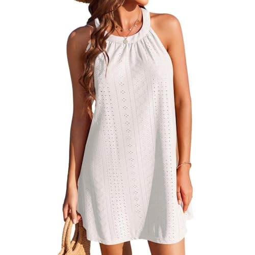 XFSRG Damen Kleider Freizeit Einfarbig Bikini Cover Up Ärmellos Strandkleid Kurze Kleid A Linie Jerseykleid Beach Mini Dress Beachwear (Weiß XL) von XFSRG