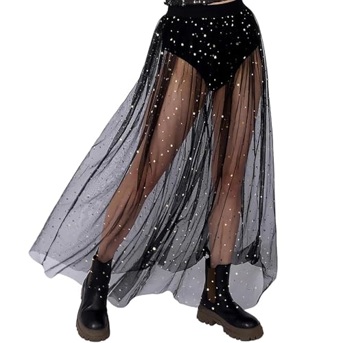 XFSRG Damen Rock Transparenter Mesh Rock 2 in 1 Röcke Pailletten Tüllrock Mit Sternmuster High Waist Maxirock für Party Musikfestivals Karneval von XFSRG