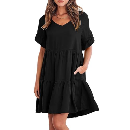 XFSRG Damen Sommer Kleid Kurz Sommerkleid Boho T-Shirt Knielang Rüschen Saum Freizeitkleid Elegant Strandkleid mit Taschen (Schwarz M) von XFSRG