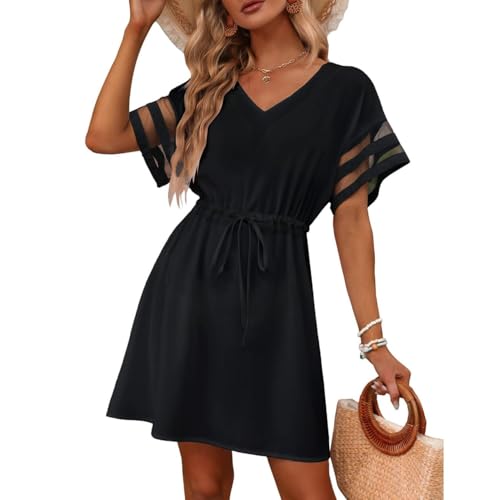 XFSRG Damen Strandkleid Chiffon V Ausschnitt Bikini Cover Up Strandponcho Strandurlaub Badeanzug Strandtunika Sommer Beach Mini Dress Beachwear Bademode Kurze Kleid（Schwarz,M） von XFSRG