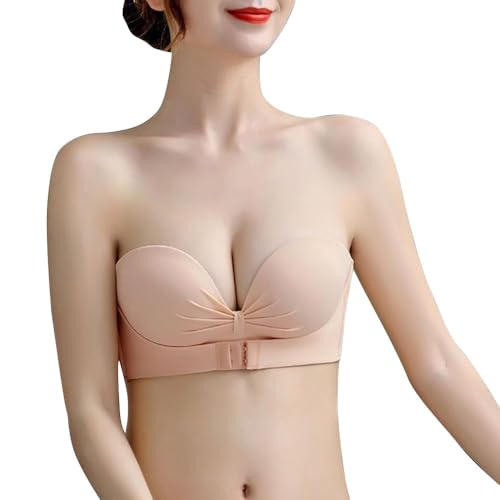 XFSRG Damen Trägerloser BH mit Unsichtbarkeit Ohne Bügel Nahtlos Bandeau BH Push Up Frontverschluss Tube Top Unterwäsche mit Abnehmbare Träger（Hautfarbe 32/70AB） von XFSRG
