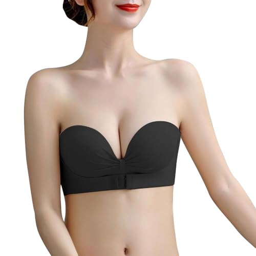 XFSRG Damen Trägerloser BH mit Unsichtbarkeit Ohne Bügel Nahtlos Bandeau BH Push Up Frontverschluss Tube Top Unterwäsche mit Abnehmbare Träger（Schwarz 34/75AB） von XFSRG