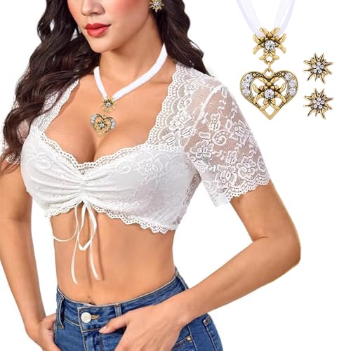 XFSRG Dirndl Bluse Damen Spitze Weiße Bluse Damen Trachtenbluse Elegante Dirndlbluse Spitze Perfekt für Volksfeste(Weiß,S) von XFSRG