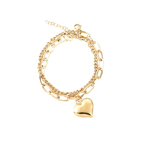 XFSRG Doppelschicht Armband Damen Herz Anhänger Elegant Armbänder Edelstahl Schlichte Mode Trendiger Schmuck von XFSRG