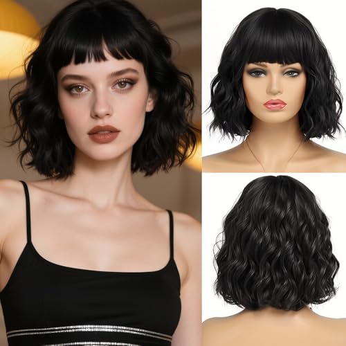 XFSRG Echthaar Perücke Lockig Schwarz Bob Stil Haarverlängerung Für Frauen (Naturschwarz) von XFSRG