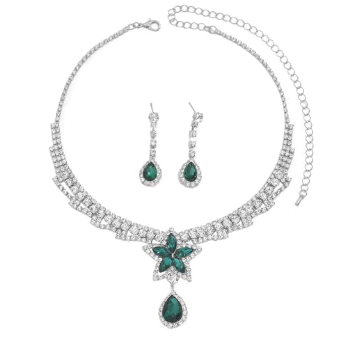 XFSRG Elegante Schmucksets Für Damen Mit Strasssteinen Halskette Und Ohrringe Für Besondere Anlässe (Grün) von XFSRG