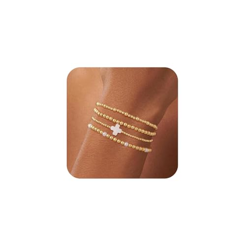 XFSRG Elegantes 4 Stück Armband Damen Schichtbare Elastische Perlen Armbänder mit Weißem Kreuz Charm Leicht Komfortabel Schmuck für Frauen (Gold-1) von XFSRG
