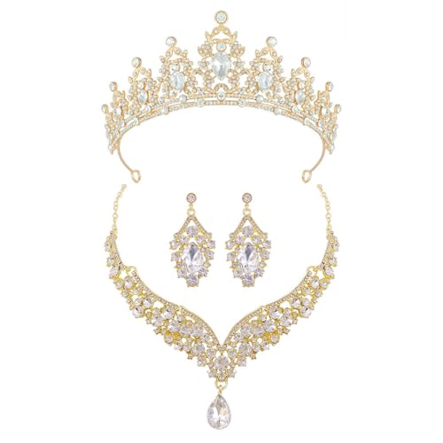 XFSRG Elegantes Braut Schmuckset 3 Teilig mit Funkelnder Krone V Förmiger Halskette und Tropfenförmigen Ohrringen Luxuriöses Hochzeitsschmuck für Besondere Anlässe (Gold) von XFSRG