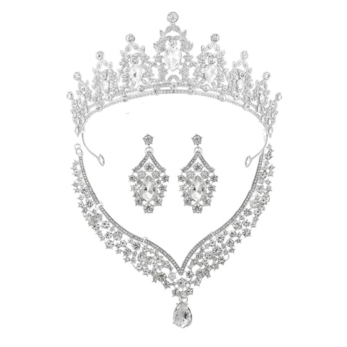XFSRG Elegantes Braut Schmuckset 3 Teilig mit Funkelnder Krone V Förmiger Halskette und Tropfenförmigen Ohrringen Luxuriöses Hochzeitsschmuck für Besondere Anlässe (Silber) von XFSRG