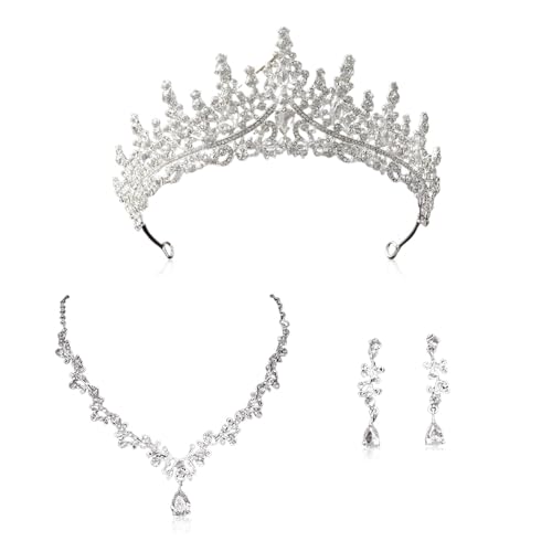 XFSRG Elegantes Braut Schmuckset 3 Teilig mit Funkelnder Krone V Förmiger Halskette und Tropfenförmigen Ohrringen Luxuriöses Hochzeitsschmuck für Besondere Anlässe von XFSRG