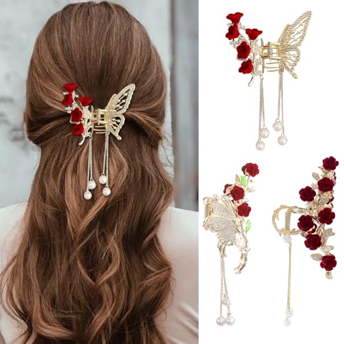 XFSRG Elegantes Roségold Haarspangen Set Damen 3 Stück Romantisches Haarschmuck Set mit Rosen Strass und Quaste Hair Clips Haarklammer Schmetterling von XFSRG